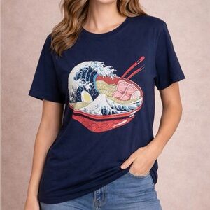 Great Ramen Wave Bowl Women’s Graphic Navy Blue Shirt Large Graphic Print Shirt